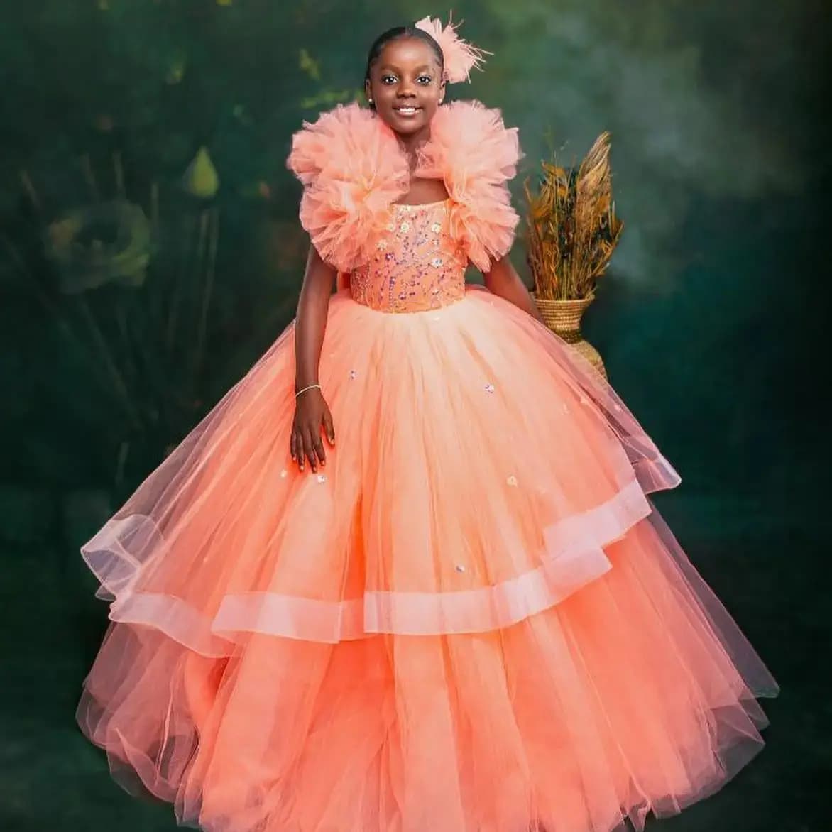 Abiti da ballo principessa per ragazze Abiti da festa di compleanno con volant Abiti da ragazza di fiori rosa pesca Abiti da spettacolo per bambini per foto personalizzate