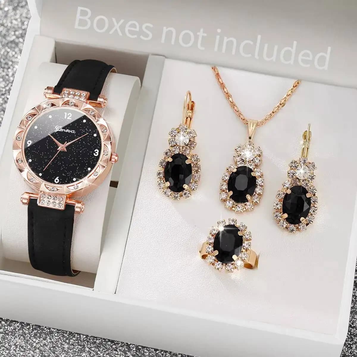 5 pcs/set Women's Watch Fashion Rhinestone Ladies Leather Strap Quartz Watches Diamond Set (No Box)