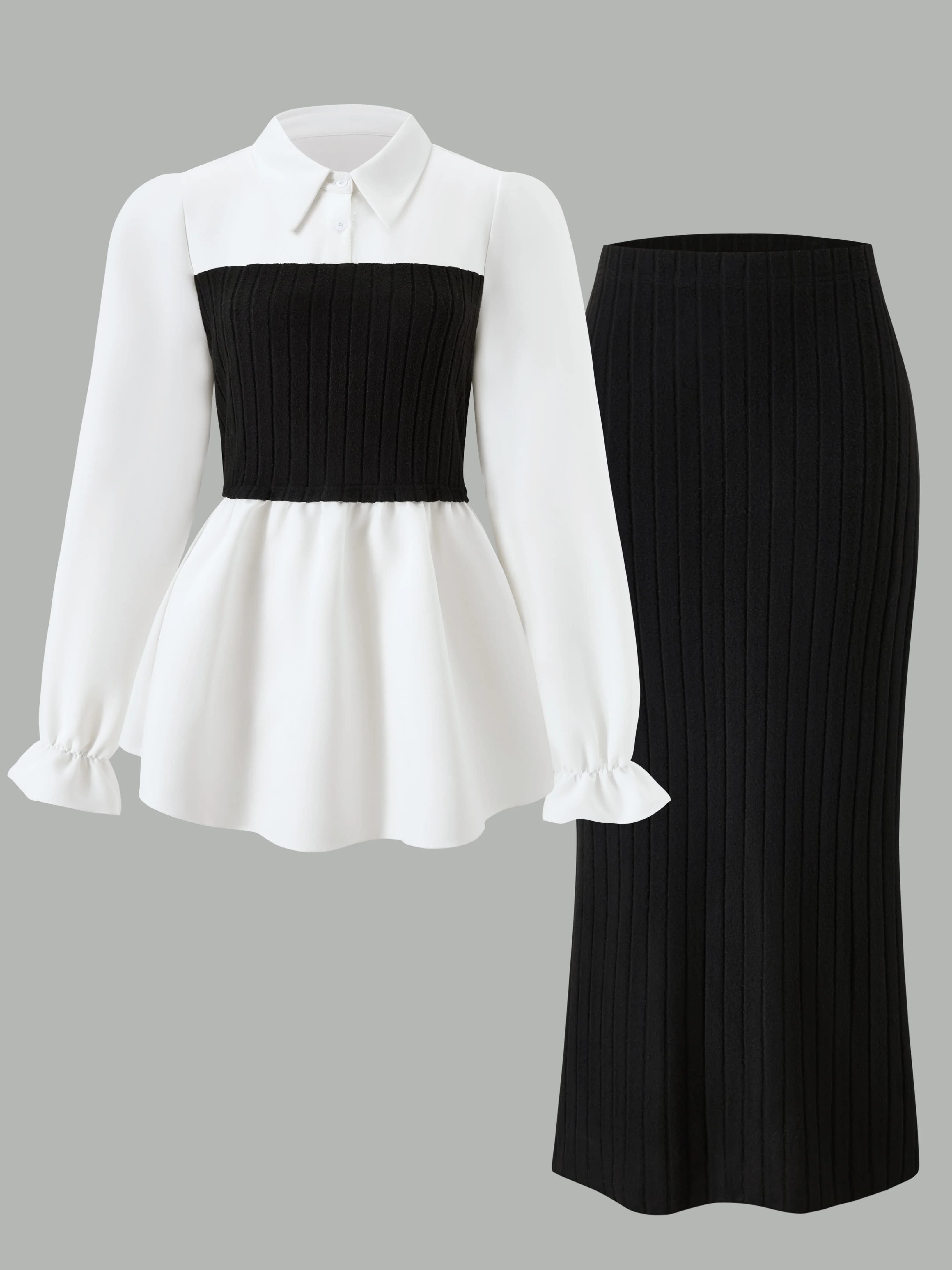 A two-piece set of plus-size fashionable women's clothing from Europe and America, featuring a shirt collar with lantern sleeves