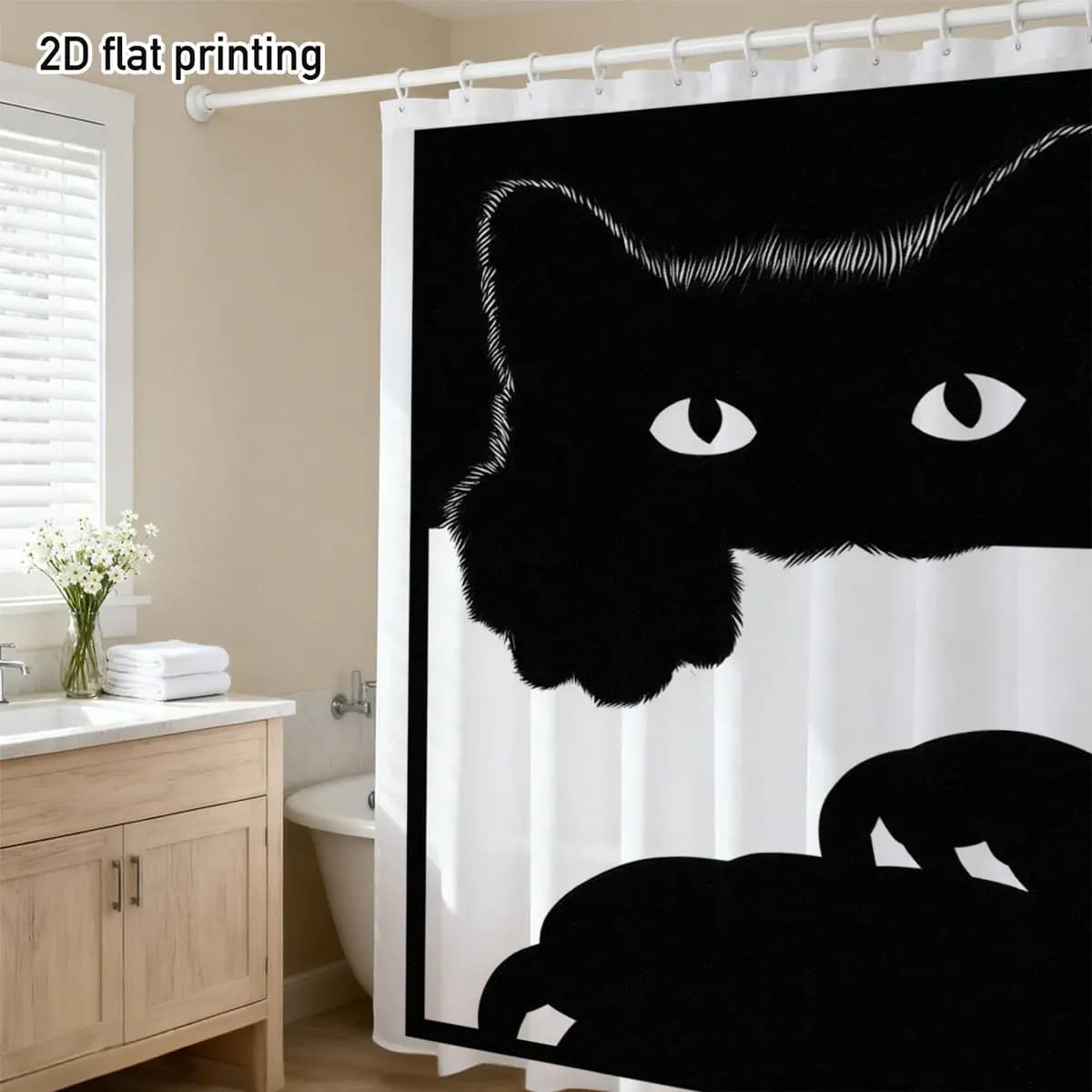Tenda da doccia con gatto nero, design curioso, stampa piatta 2D, decorazione per bagno in poliestere, 72"x72", con 12 ganci