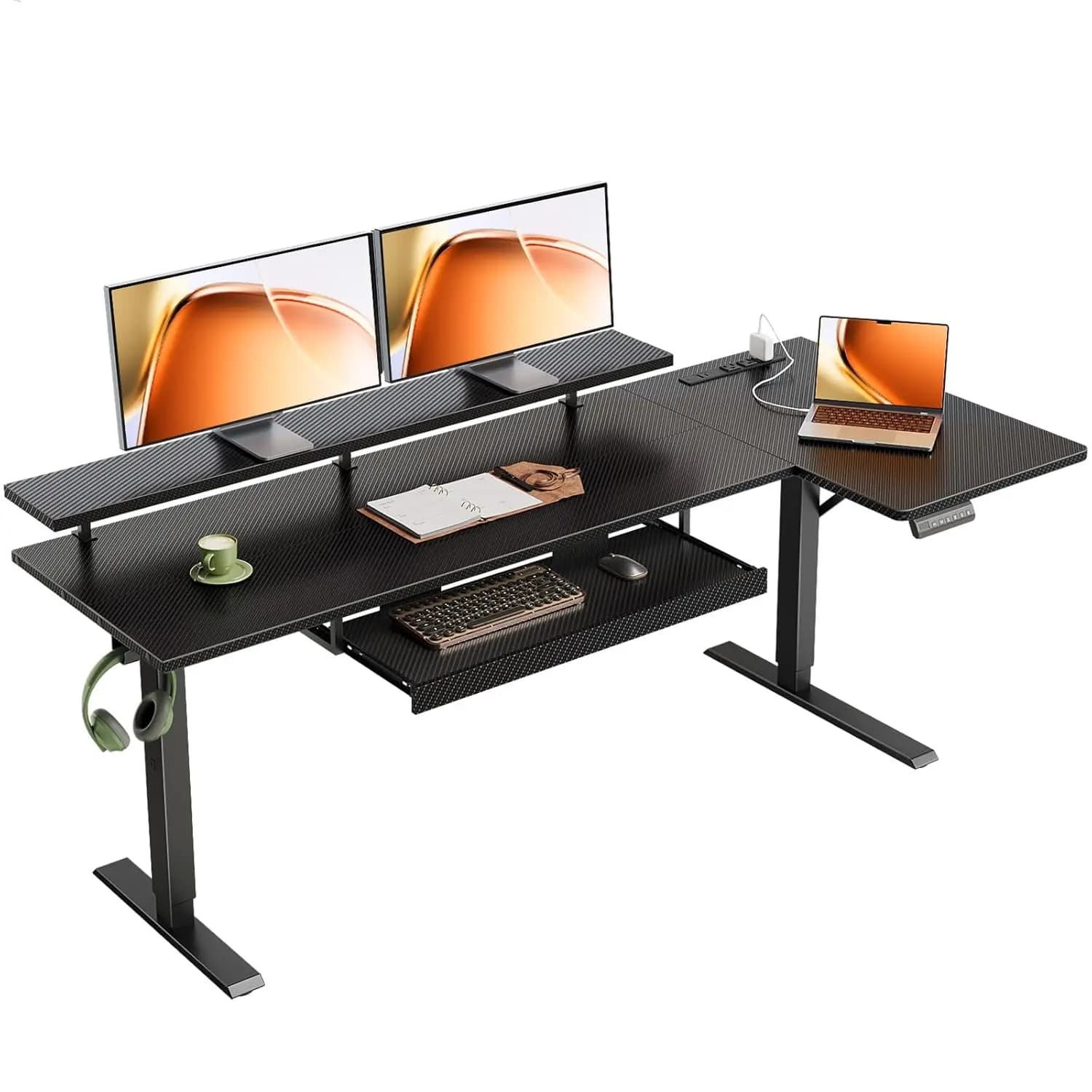 Scrivania Elettrica a L da 63 Pollici con Vassoio per Tastiera, Altezza Regolabile, Tavolo Angolare per Computer, Ripiano per Monitor, per Casa e Ufficio, Personalizzabile