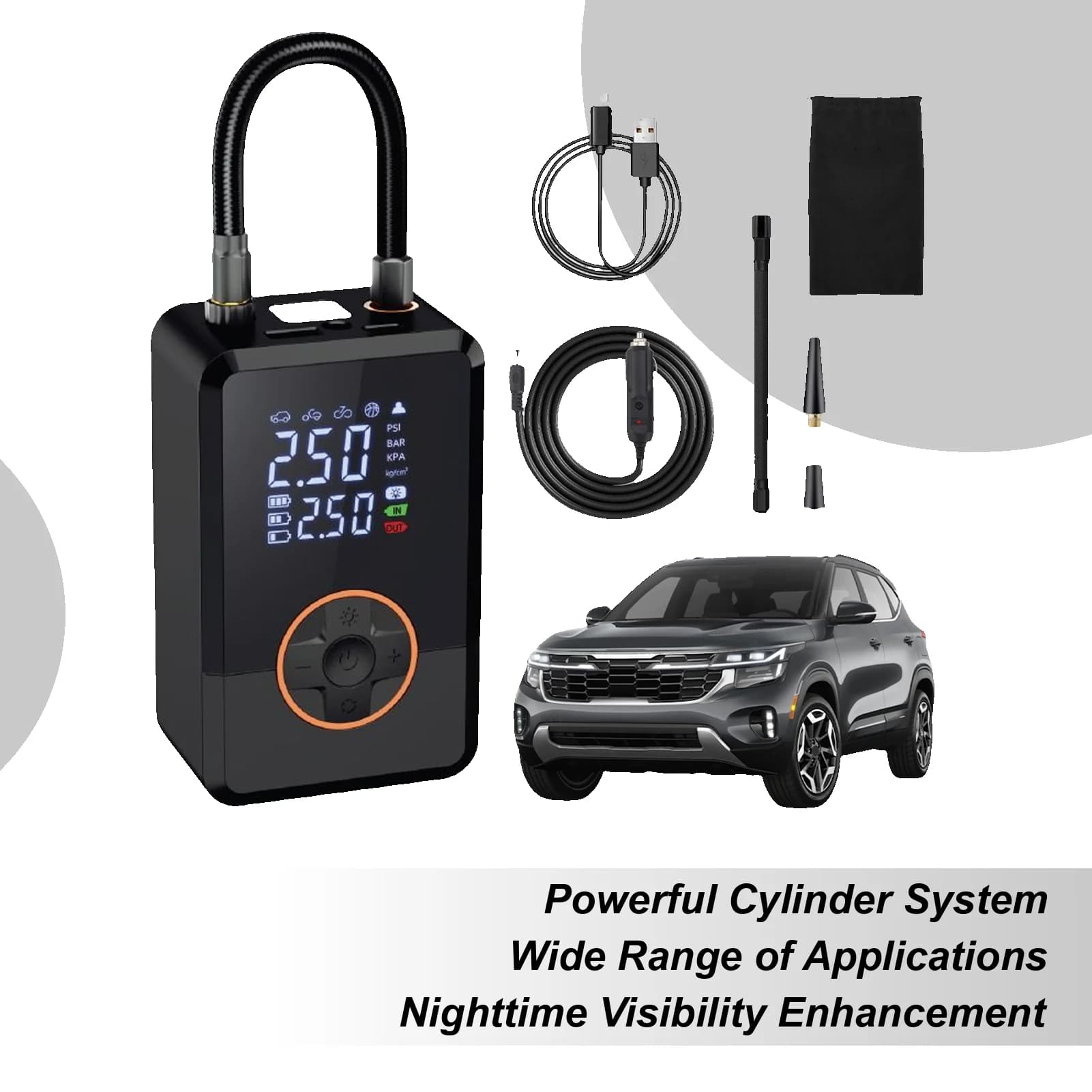 Pompa di aria per pneumatici per auto 130 PSI portatile Auto LED Gonfiatore elettrico da basket Pompa di aria per auto bici Auto camion strada all'aperto