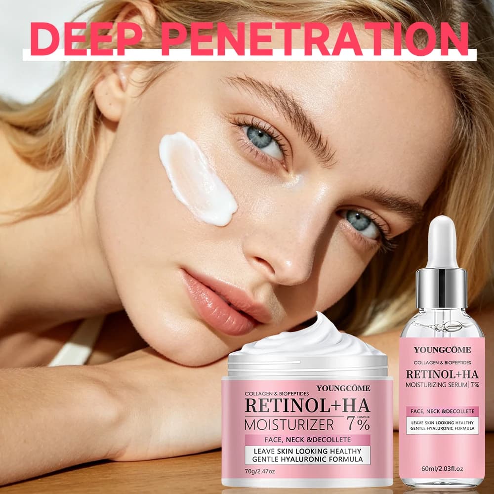 Siero e Crema Idratante al Collagene e Biopeptidi con Retinolo - Formula Delicata all'Acido Ialuronico per Viso e Collo, Cura Idratante Quotidiana