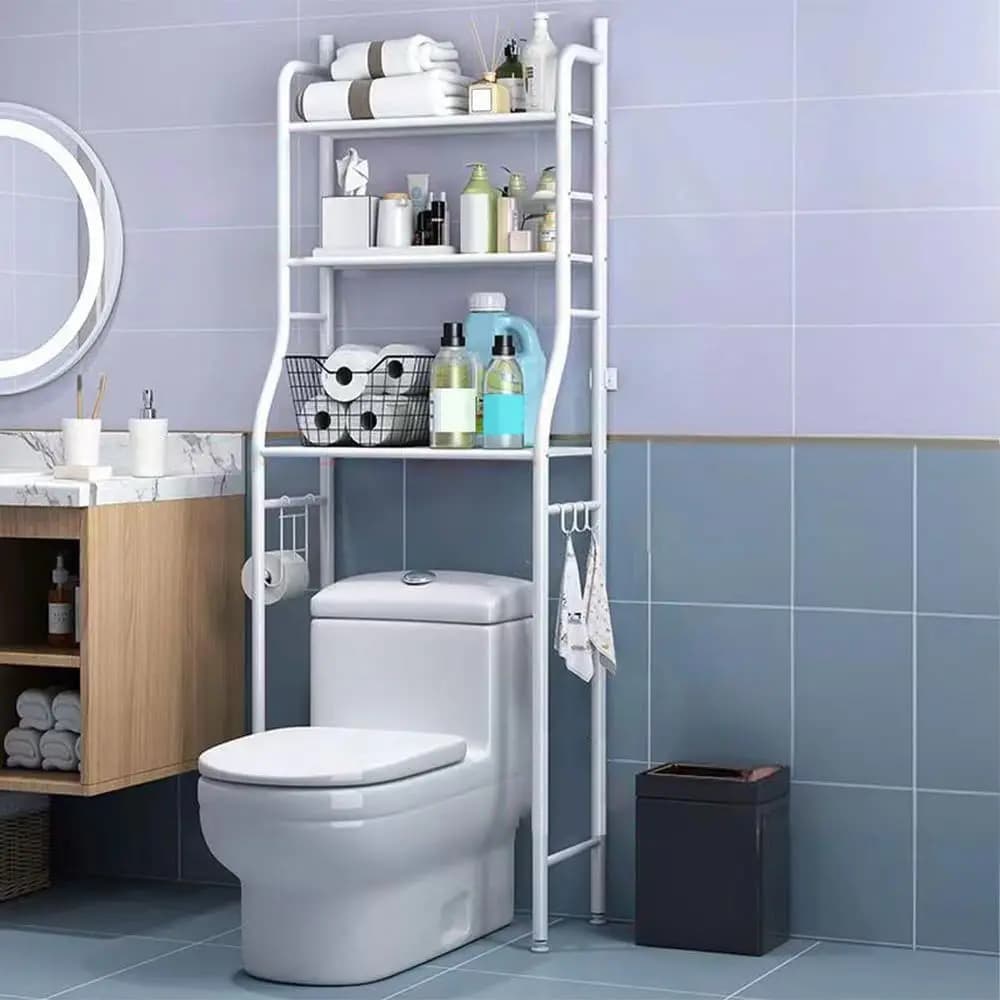 Scaffale a 3 livelli da posizionare sopra il WC, mensole in metallo per il bagno, scaffale salvaspazio sopra il WC con ganci e porta carta igienica