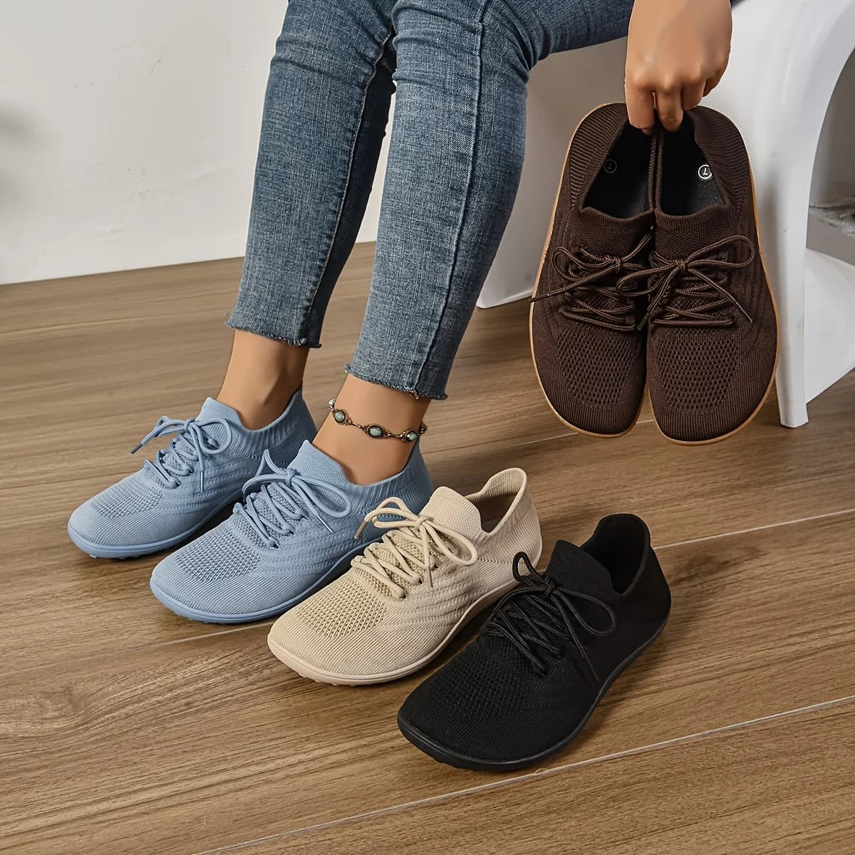 Scarpe da donna con punta larga Scarpe da ginnastica minimaliste in mesh traspirante Scarpe basse da passeggio a piedi nudi Scarpe casual comode