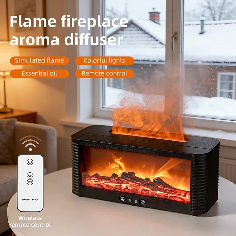 Diffusore di Oli Essenziali per Caminetto da 300ml, Umidificatore Aromatico con Effetto Fiamma LED a 7 Colori, Telecomando e Timer