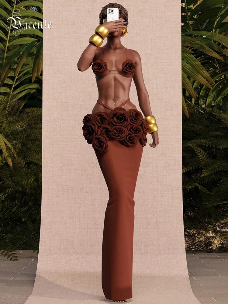 VC Brown Structrue Flowers due pezzi Bandage Maxi gonna Set 3D Stero Floal Crop Top con gonna lunga vestito Cocktail Party Outfit