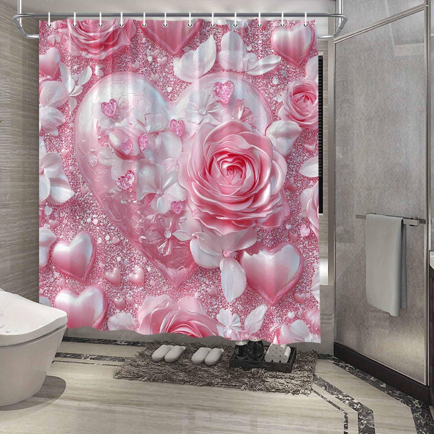 Tenda da doccia romantica con cuore di rosa: impermeabile, resistente al muffa con design d'amore scintillante per l'arredamento del bagno di San Valentino