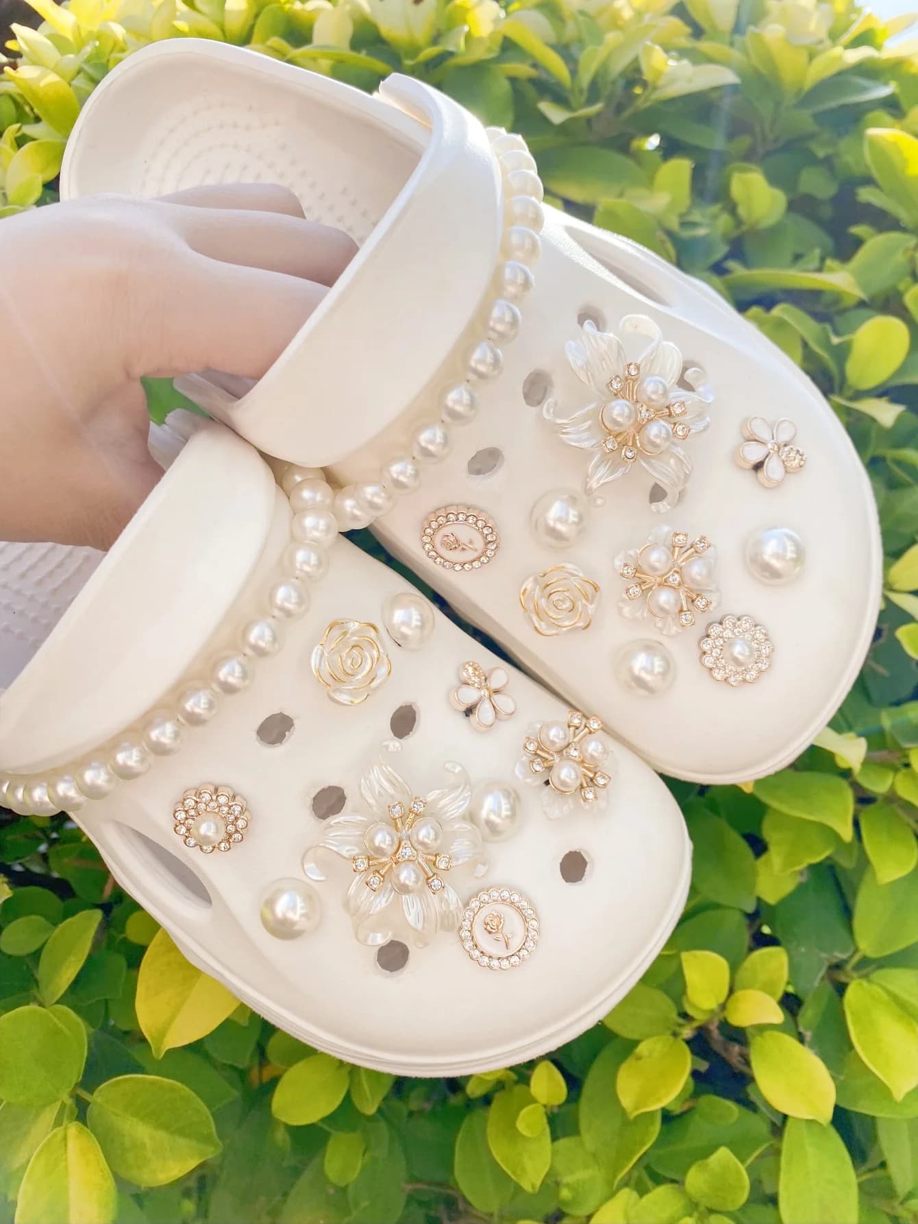 20 cameli bianchi, catena di perle ABS Accessori per scarpe staccabili fai-da-te, adatti per sandali da donna, pantofole, borsa da spiaggia multifunzione