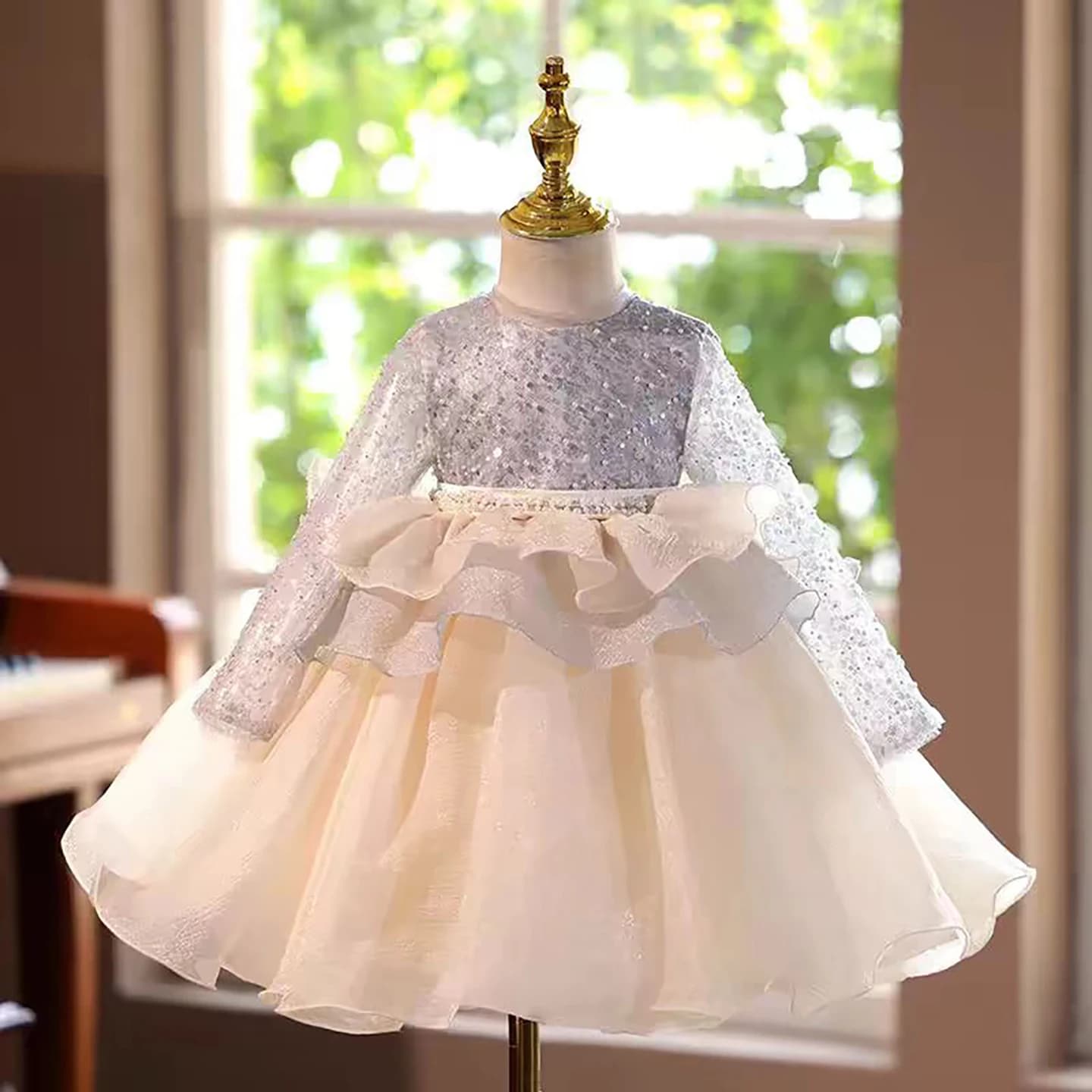 Jill Wish J458 Abito da ragazza di fiori scintillanti con perline Manica lunga Principessa Bambino Bambini Matrimonio 1° compleanno Abito da festa