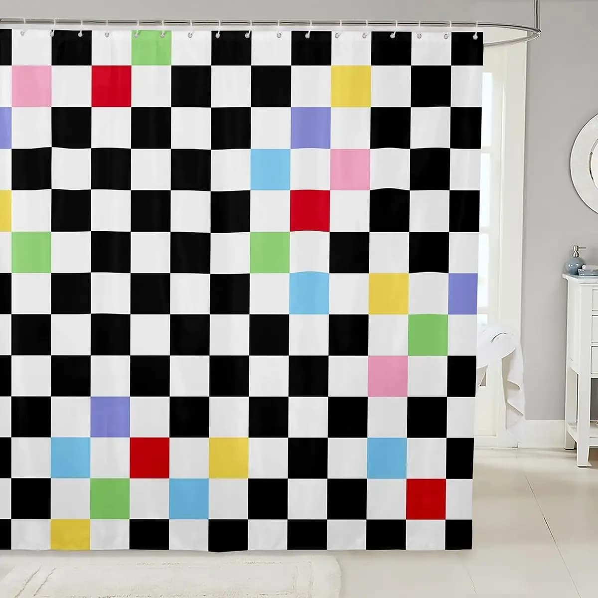 Tende da Doccia per Bambini con Motivi Geometrici a Quadri, Tende da Bagno Astratte a Scacchi per Ragazzi e Ragazze, Design Moderno a Griglia