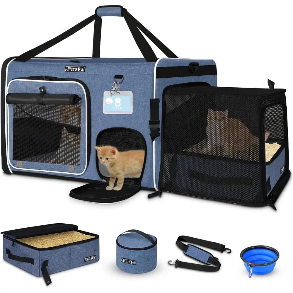 Side Expandable Extra Large Cat Car Carrier with Collapsible Litter Box or Long DiTravel,24"x17"x17" Portable Sot Sided with Rol