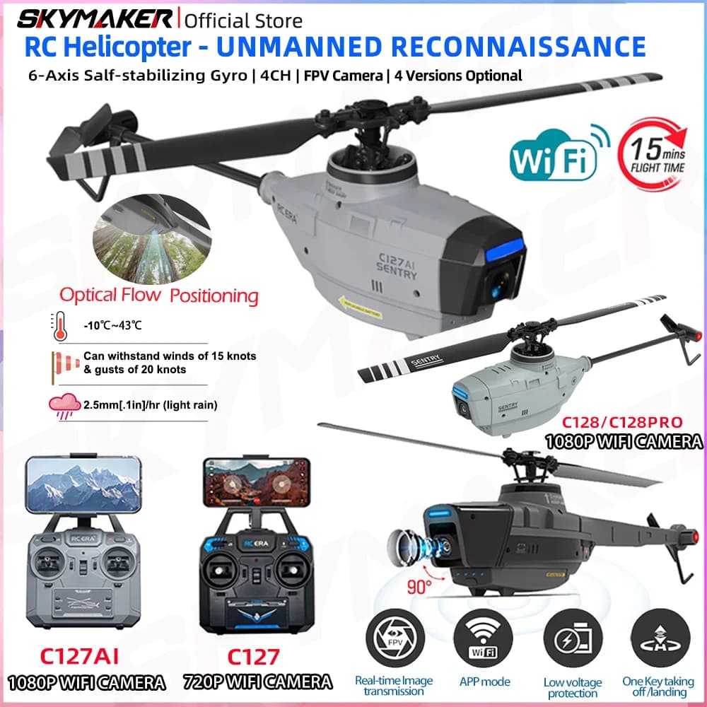 RC ERA C127AI C127 C128 2.4G 4CH Remote Contro Flybarless RC Helicopter 6-Axis Gyro Brushless Wifi FPV Camera Aicraft for Adult