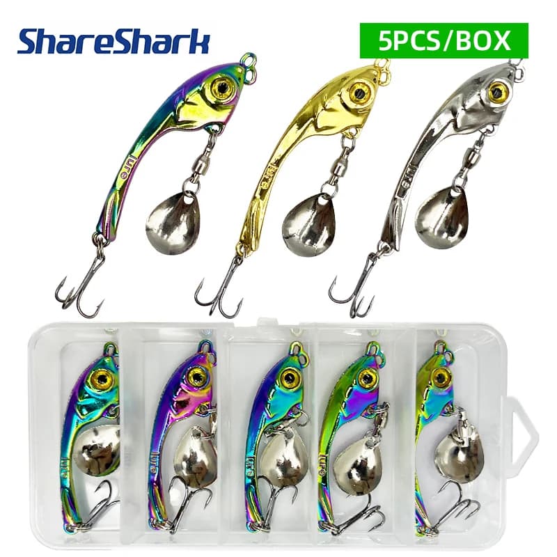 ShareShark 5 pz/scatola Esche da Pesca Spinner Spoon Rotanti in Metallo VIB, Esche Vibranti Wobbler Affondanti con Paillettes per la Pesca