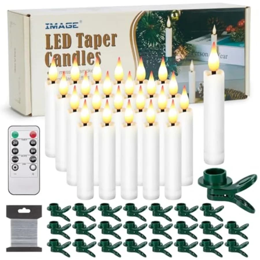 Set di Candele LED Affusolate con Effetto Galleggiante e Filo da Pesca, Candele Senza Fiamma 3D con Stoppino, Colore Avorio, con Clip per Albero di Natale