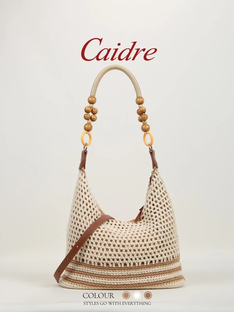 Caidre Hollow out Woven Large Capacity Beaded Tote Bag Single Shoulder Casual Handbag for Youth Korean Style Soft Fabric Bag