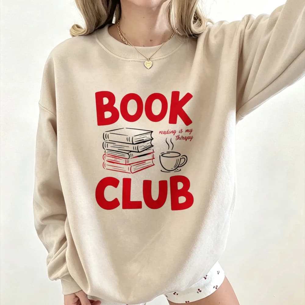Book Lover Casual Crewneck Sweatshirt Book Club Large Letter Print Books and Coffee Sketch Art Pullover Unisex Sweatshirt Tops