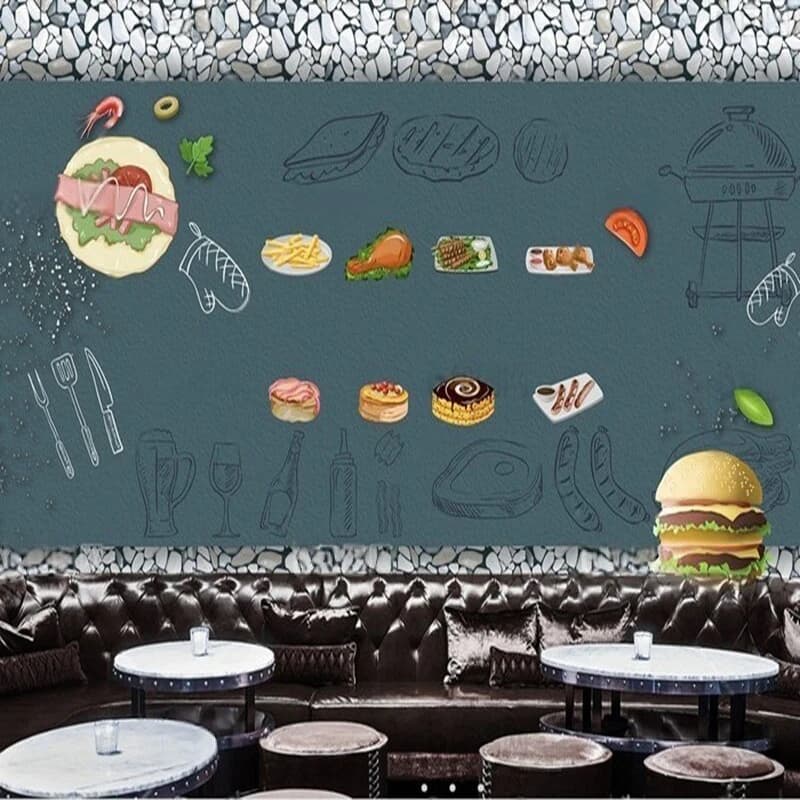 Hand-painted brick wall restaurant fast food delicious burgers work clothes TV luxury home decoration wallpaper wall