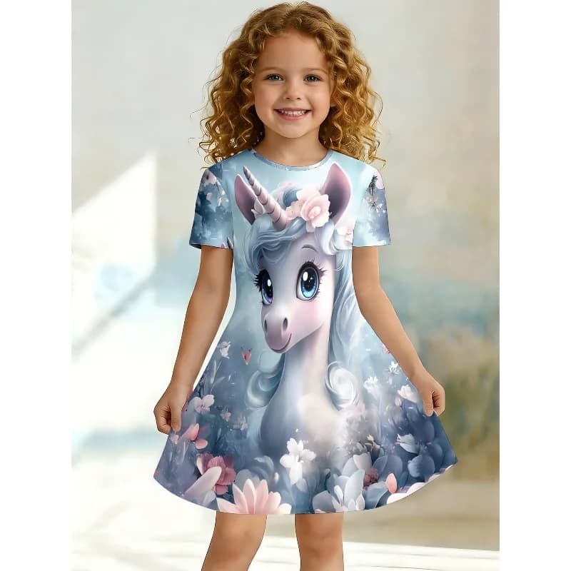 Abito T-shirt con stampa unicorno e fiori per bambina, abito casual blu acquerello per appassionati di animali, adatto come regalo di compleanno