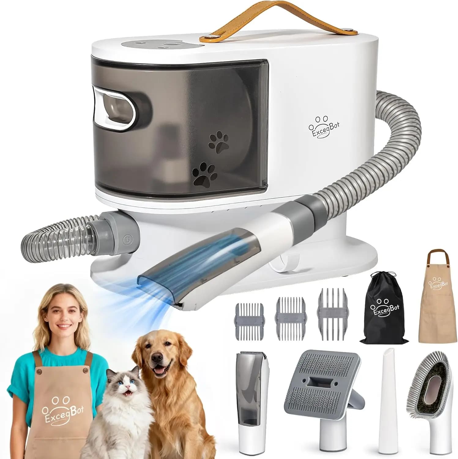Aspirapolvere per Toelettatura Animali con Aspirazione 12kPa, Silenzioso ≤50dB, Contenitore Polvere 2L, Kit 5-in-1 per Cani e Gatti con Pelo a Caduta Fredda