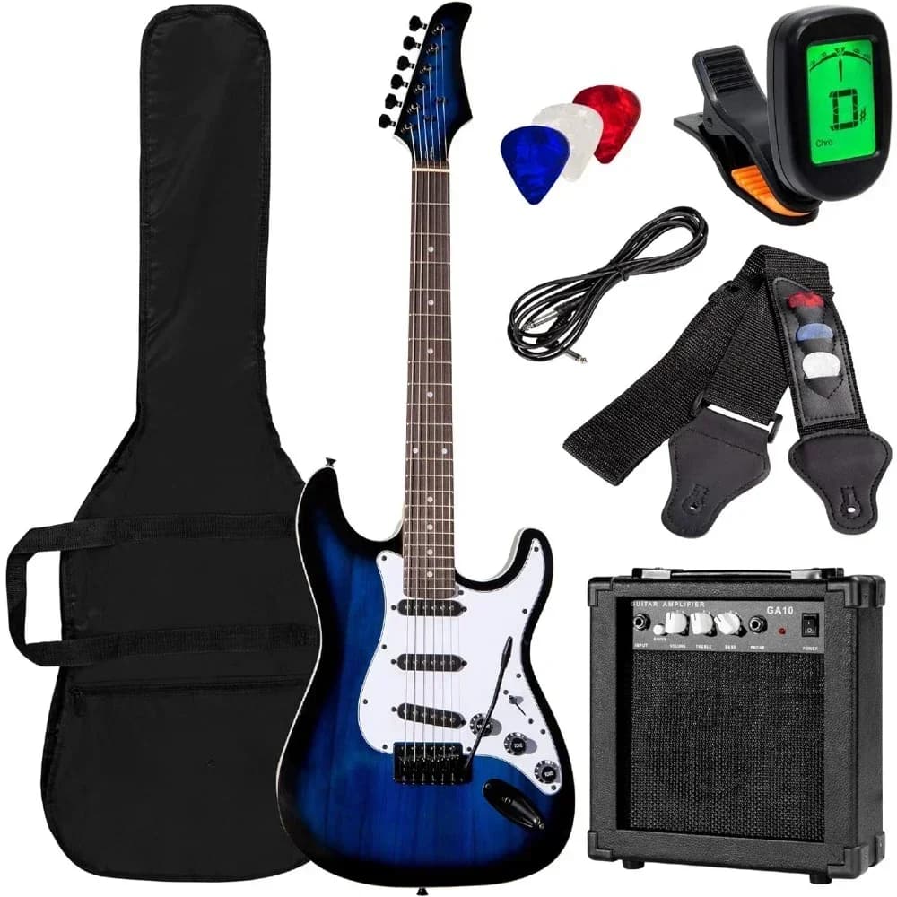 Kit Chitarra Elettrica per Principianti 39 Pollici con Custodia, Tracolla, Amplificatore 10W, Corde, Plettro, Barra Tremolo - Blu Hollywood