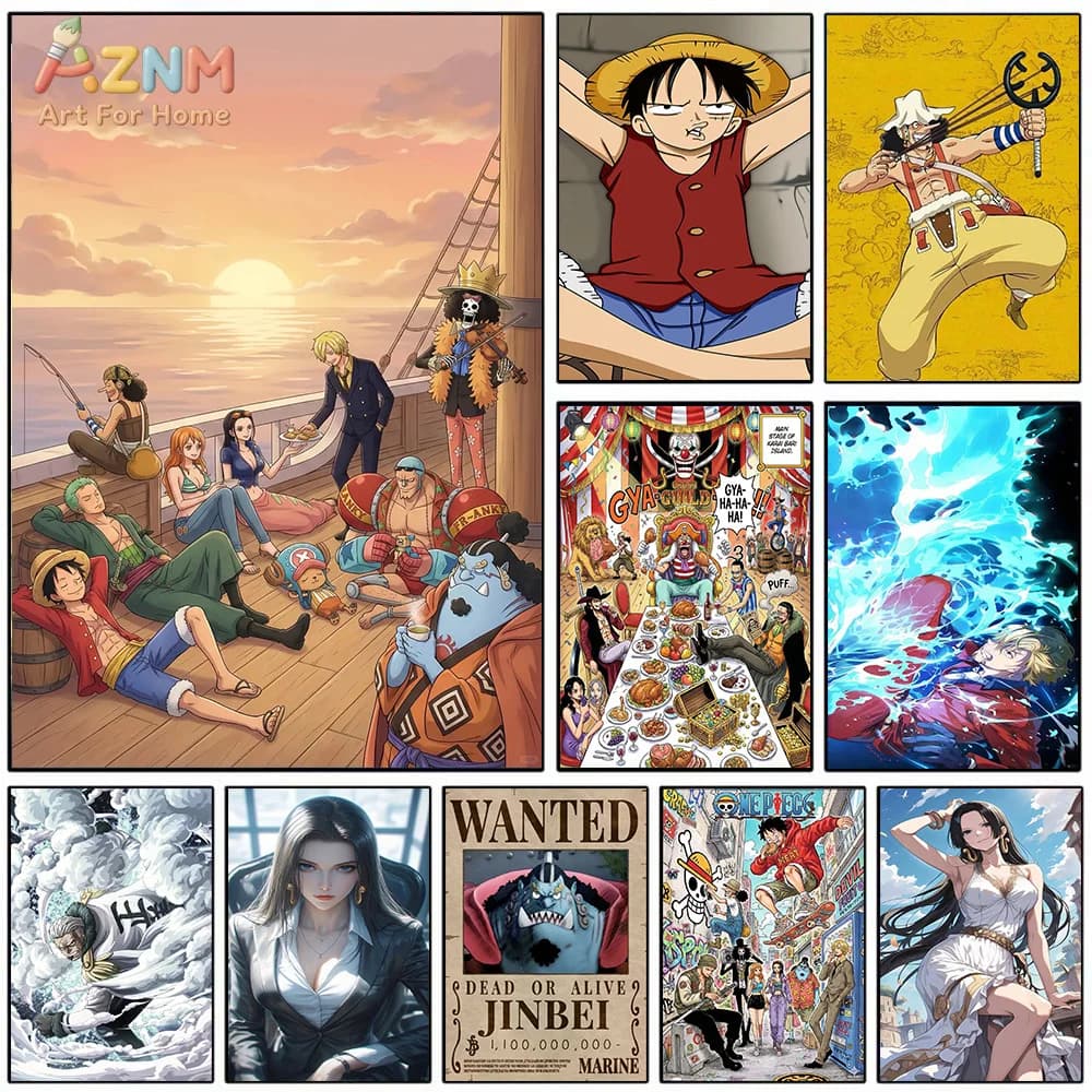 AZNM One Piece Anime Canvas Wall Art Straw Hat Crew Monkey D Luffy Usopp Sanji Jinbe Boa Hancock HD Print Frameless Canvas Paint