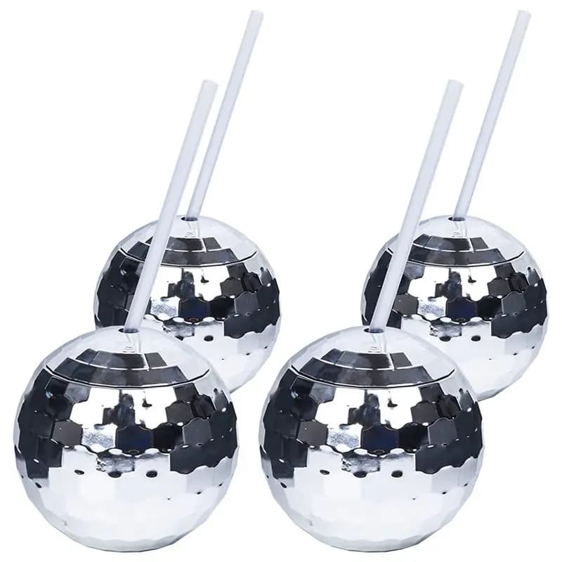 AT05-4PCS Bicchieri a Sfera da Discoteca, Bicchieri da Cocktail Unici, Strumenti da Bar, Bicchieri da Festa, Bicchieri da Vino con Cannuccia Luminosa, Bicchieri per Bevande