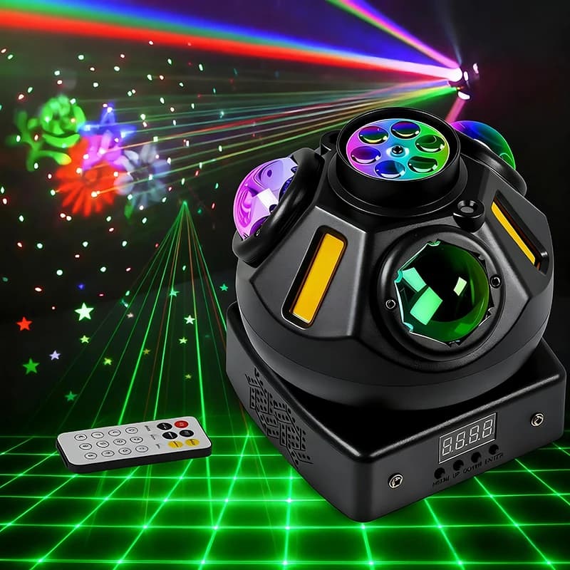 Luci LED DMX Colorate con Testa Mobile, Effetti Laser Dorati e Strobo, Illuminazione DJ con Telecomando Wireless per Feste e Discoteche
