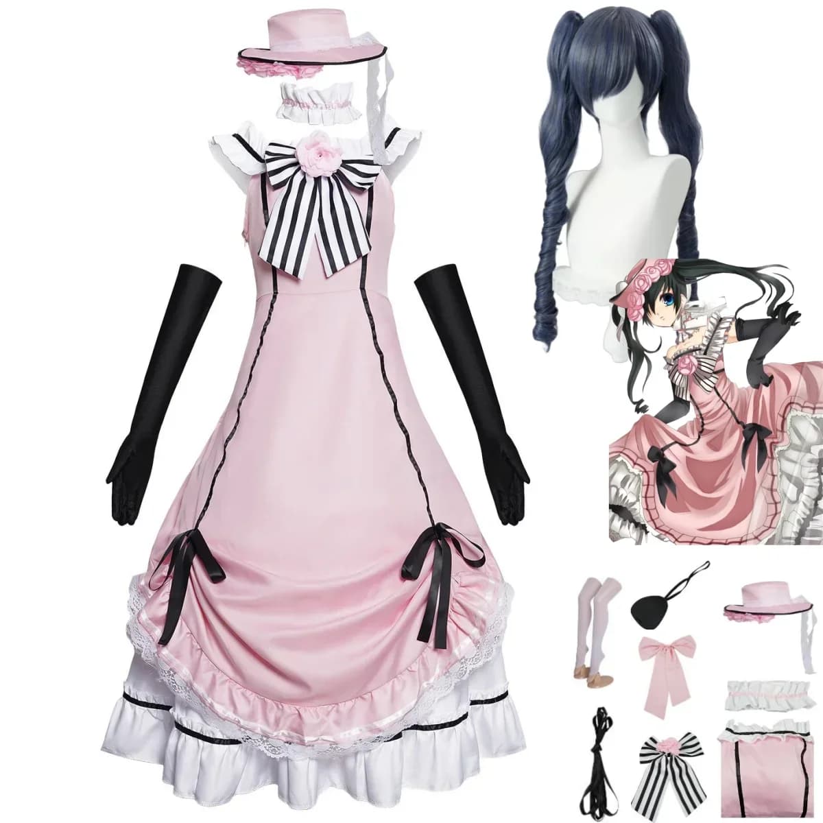 Anime Black Butler Ciel Phantomhive Smile Cosplay Costume Robin Evening Dress Lolita Dress Wig Woman Lovely Party Halloween Suit