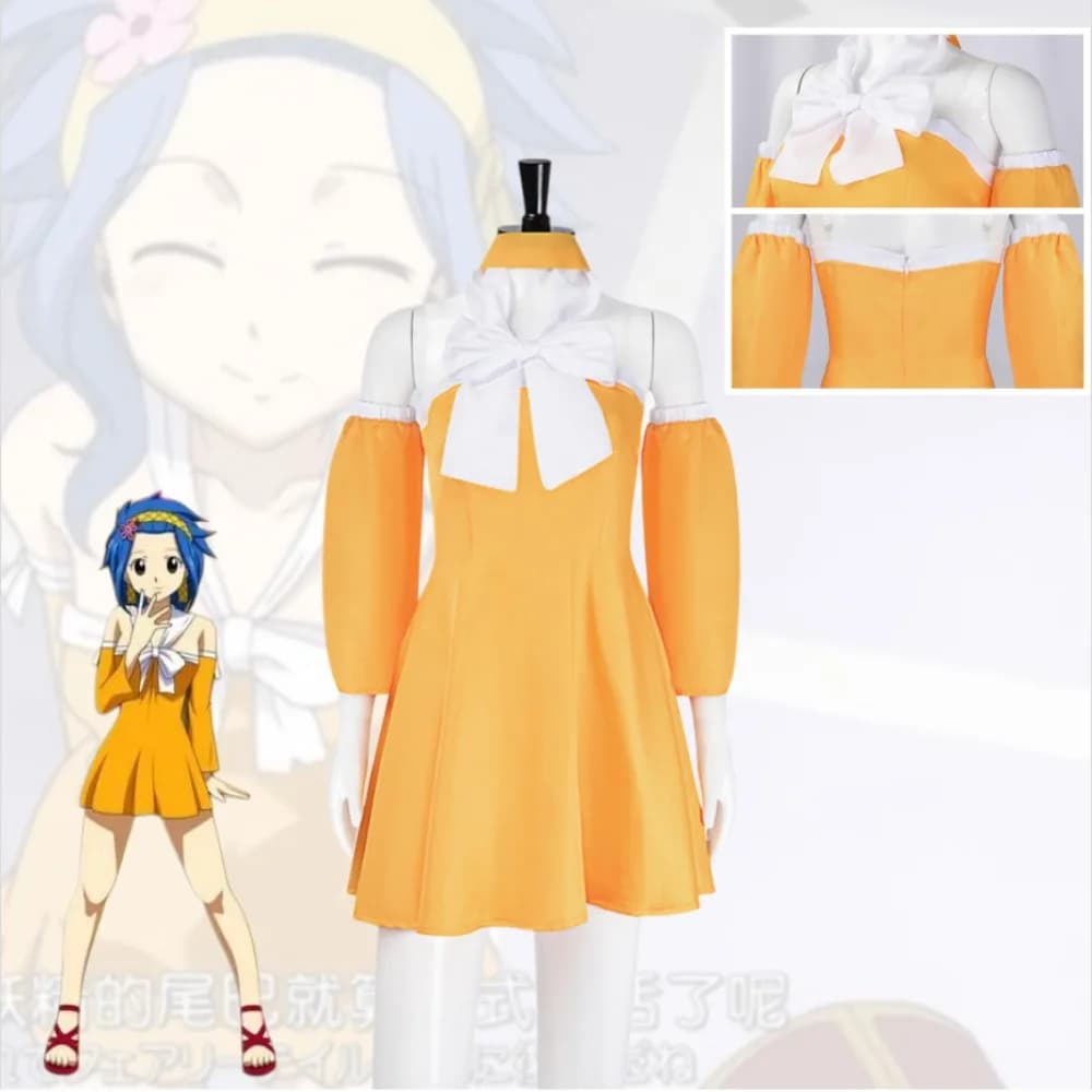 Fairy Tail Levy McGarden Cosplay Costume Orange Halter Off-Shoulder Mini Dress with White Bow Anime Character Role-Play Outfit
