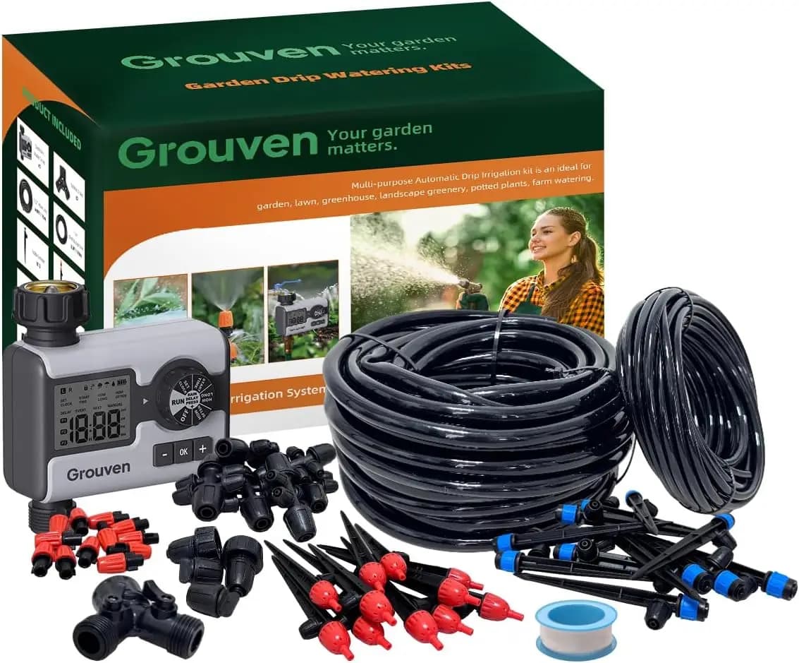 Kit di Irrigazione Automatica a Goccia con Timer, Tubi a Connessione Rapida per Sistema di Irrigazione Giardino e Prato