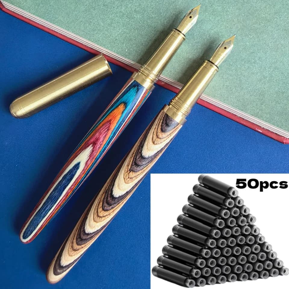 51-Piece Fountain Pen Ink Cartridge Set [1Pc Fountain Pen + 50Pcs Ink Cartridges], 0.5mm Nib, Twist Cap, Elegant and High-End, Brass Accessories, Solid Wood Pen Body, Colorful Patterns, Includes Converter, 2.6mm Caliber, for Students/Office Use, Holiday Gifts, Valentine's Day, Back-To-School Season, School Season, Birthday/Christmas, Father's Day, Mother's Day, Teacher's Day, Signing, Calligraphy, Art, Fountain Pen