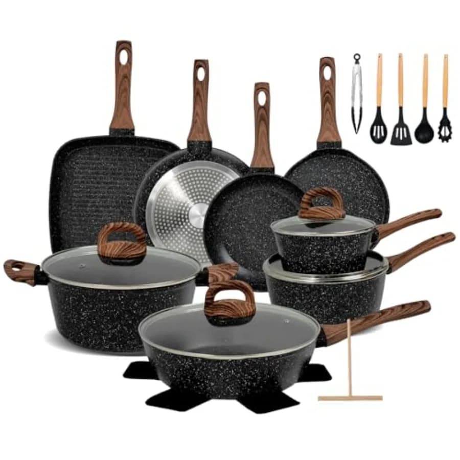 Set of Ceramic Tiles 25 Pieces for Floor Induction Cooking, Black Kitchen Set with Tiles, Pots and Tools
