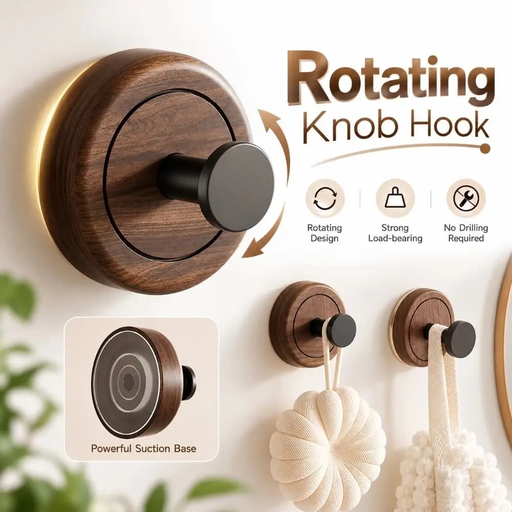 Walnut Wood Pattern Rotating Knob Hook No Drilling Removable Suction Cup Hook Suction Cup Towel Hook Home Organization