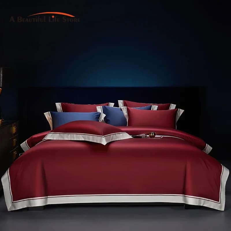 Luxury Hotel style bed linen set in Egyptian cotton 1200TC Set bordeaux red headdress flat/with corners