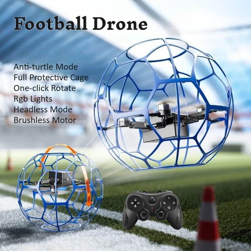 Drone da Calcio per Competizioni Divertenti con Gabbia Protettiva Completa, Modalità Anti-Ribaltamento, Motore Brushless, Modalità Headless e Luci RGB per Bambini