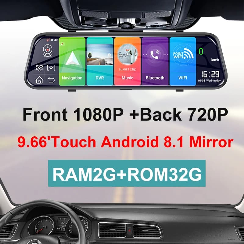 Specchietto retrovisore da 10 pollici 4G Android 8.1 con doppia lente anteriore e posteriore, dashcam con ADAS, FHD, WIFI, navigazione GPS e telecamera di retromarcia