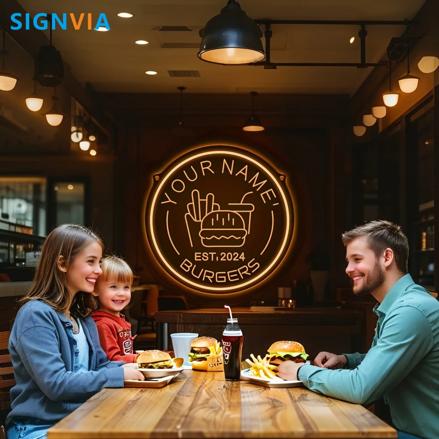 Insegna al neon per hamburger con il tuo nome personalizzabile con design per hamburger Cactu Decorazione da parete a LED alimentata tramite USB Facile da appendere per ristorante aziendale