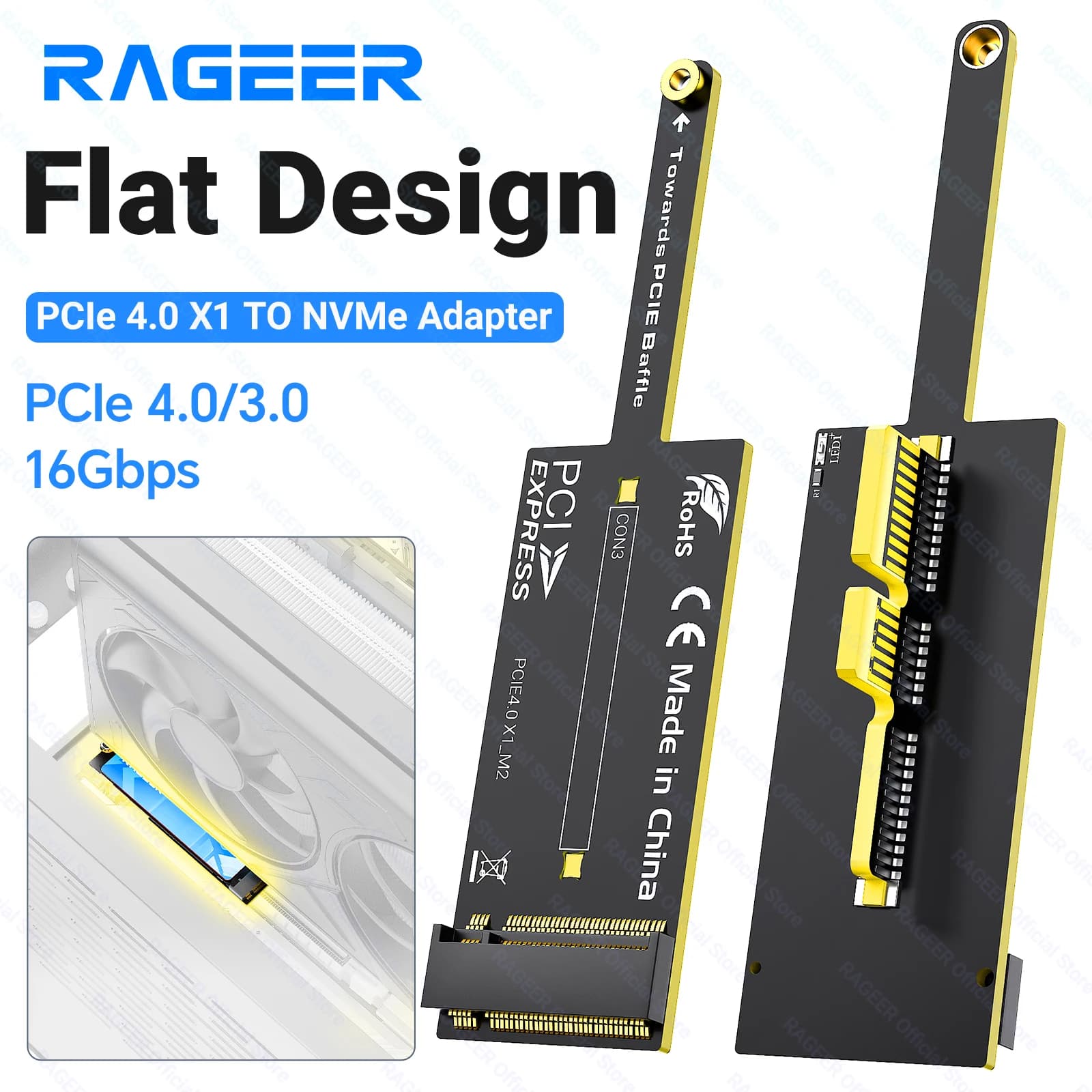 RAGEER PCIe 4.0 x1 to NVMe Expansion Card 16Gbps Flat Obstruction-Free Mini Design for M.2 2280 SSD PCIe x1/x4/x8/x16 Slots