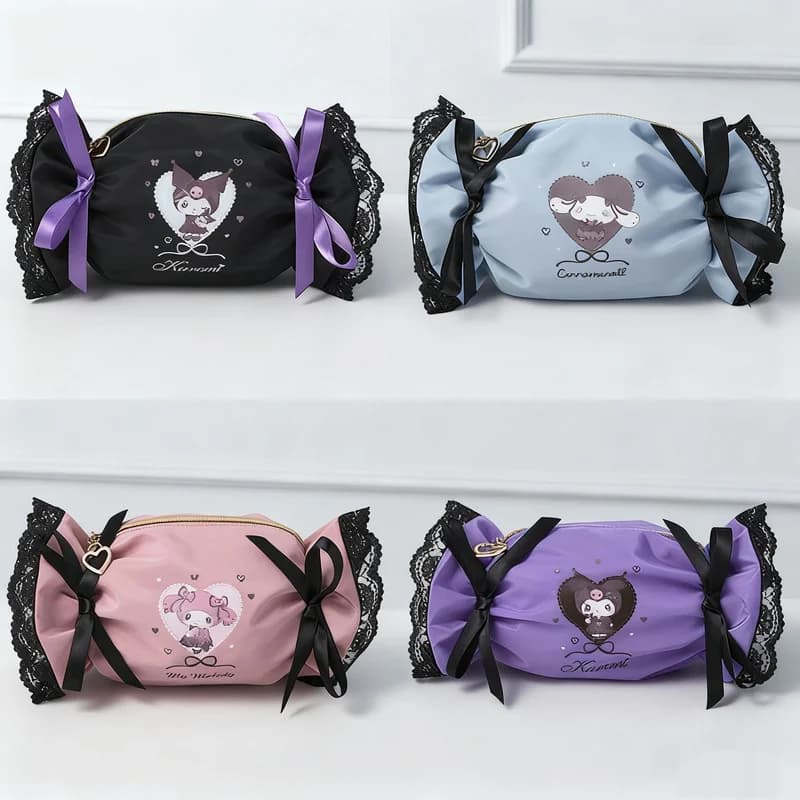 Kawaii Cartoon Candy Kuromi Cinnamoroll Borsa portaoggetti multifunzionale in pizzo Borsa per trucco portatile carina Astuccio regalo per i fan