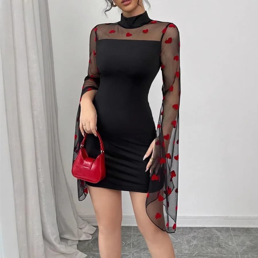 【New style】New spring and summer women's dress short skirt bag hip sexy mesh long sleeve figure-flattering love decoration
