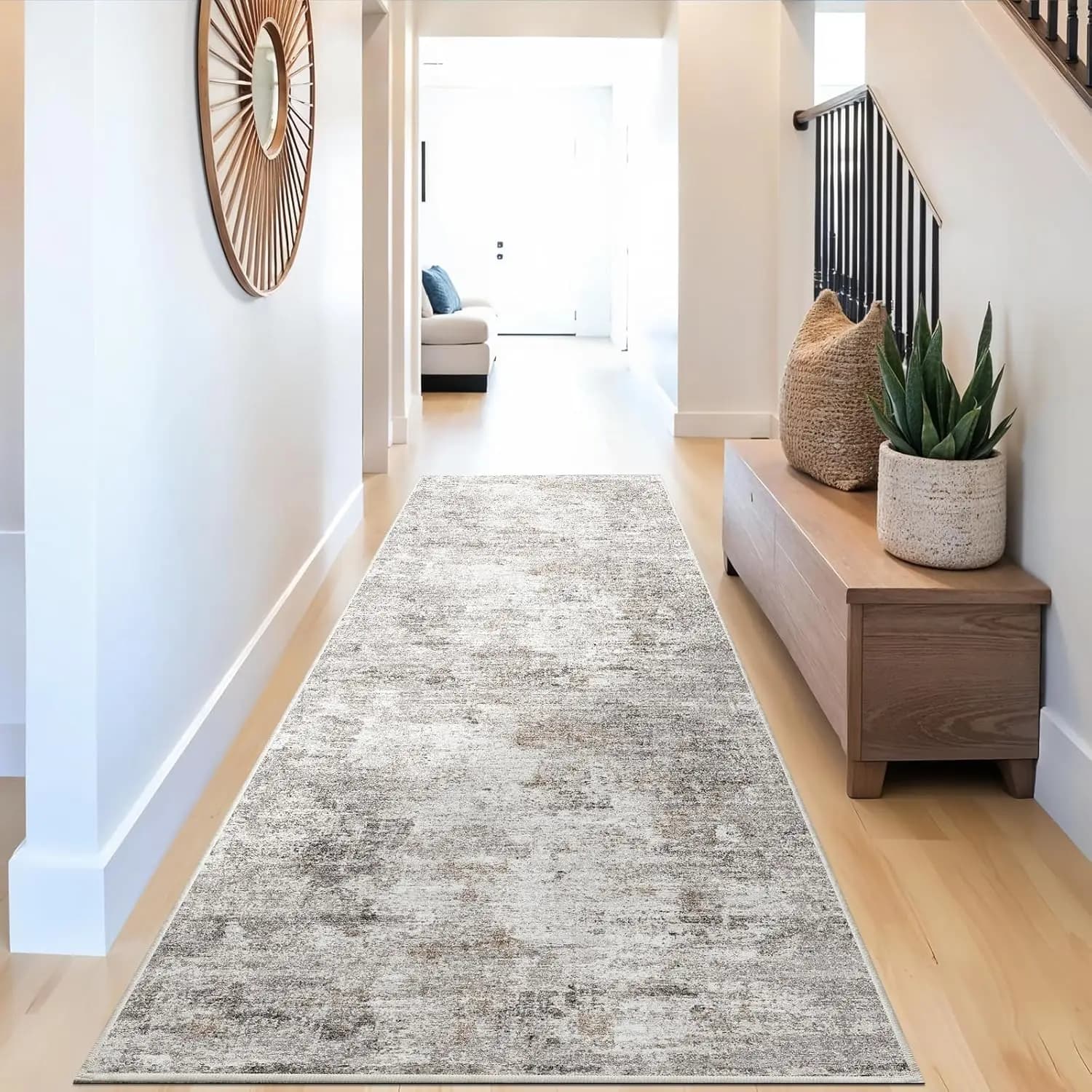 Runner Anti-slip Carpet Washable 3x10 Feet - Moquette Modern Abstract Beige/Grigio/Marrone for Corridor, Kitchen, Entrance