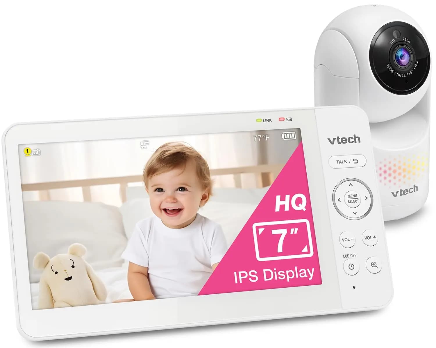 Baby monitor IPS da 7" con telecamera Pan-Tilt-Zoom, luce notturna, conversazione bidirezionale, ninne nanne e sensore di temperatura