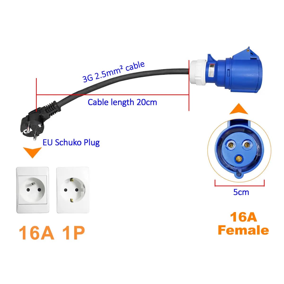 Adattatore di ricarica per veicoli elettrici 16A con spina EU Schuko a presa CEE blu 16A per caricabatterie EV