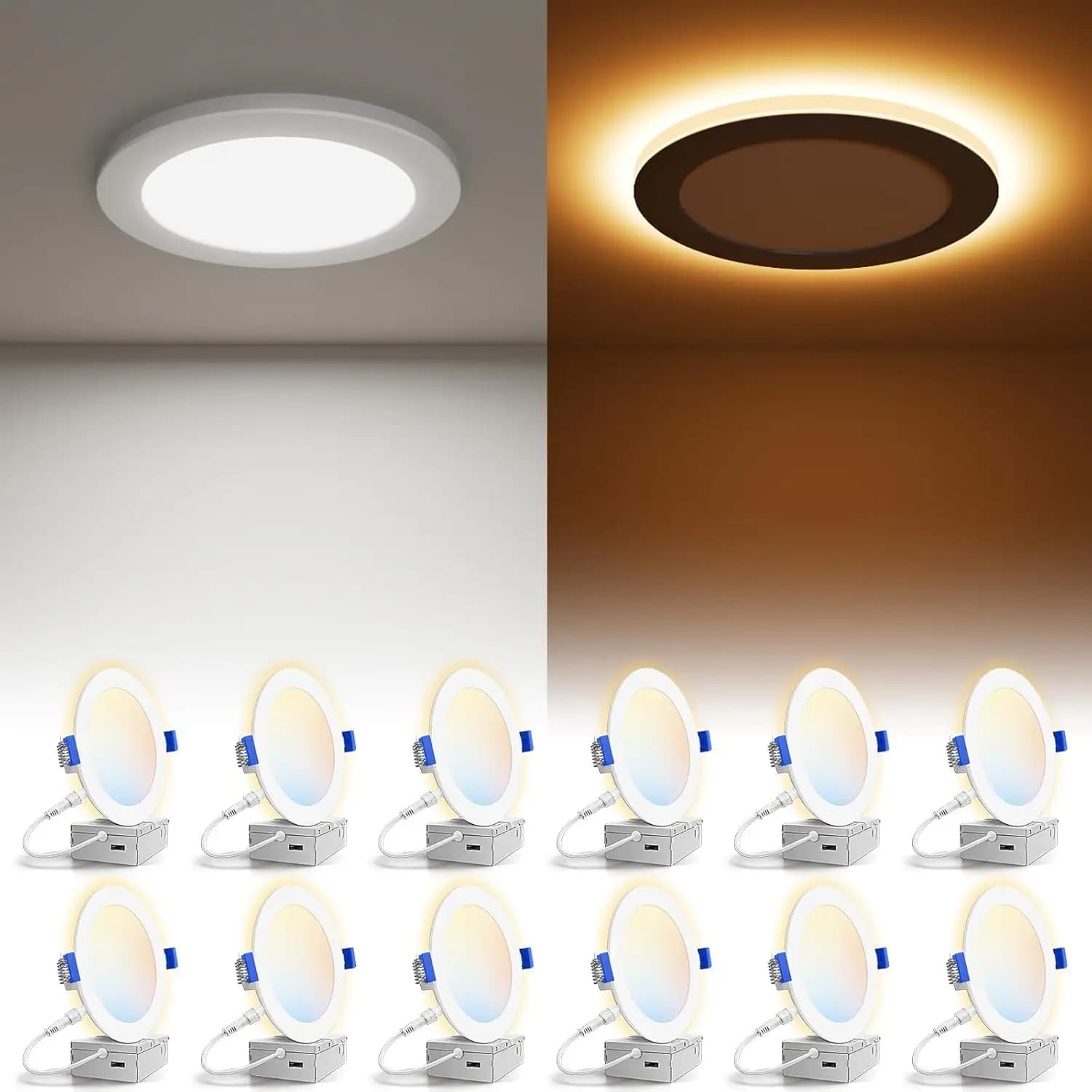 Confezione da 12 Faretti da Incasso da 6 Pollici con Luce Notturna, 5CCT Selezionabili 2700K-5000K, 12W=130W, 1080LM Dimmerabili, Certificazione ETL
