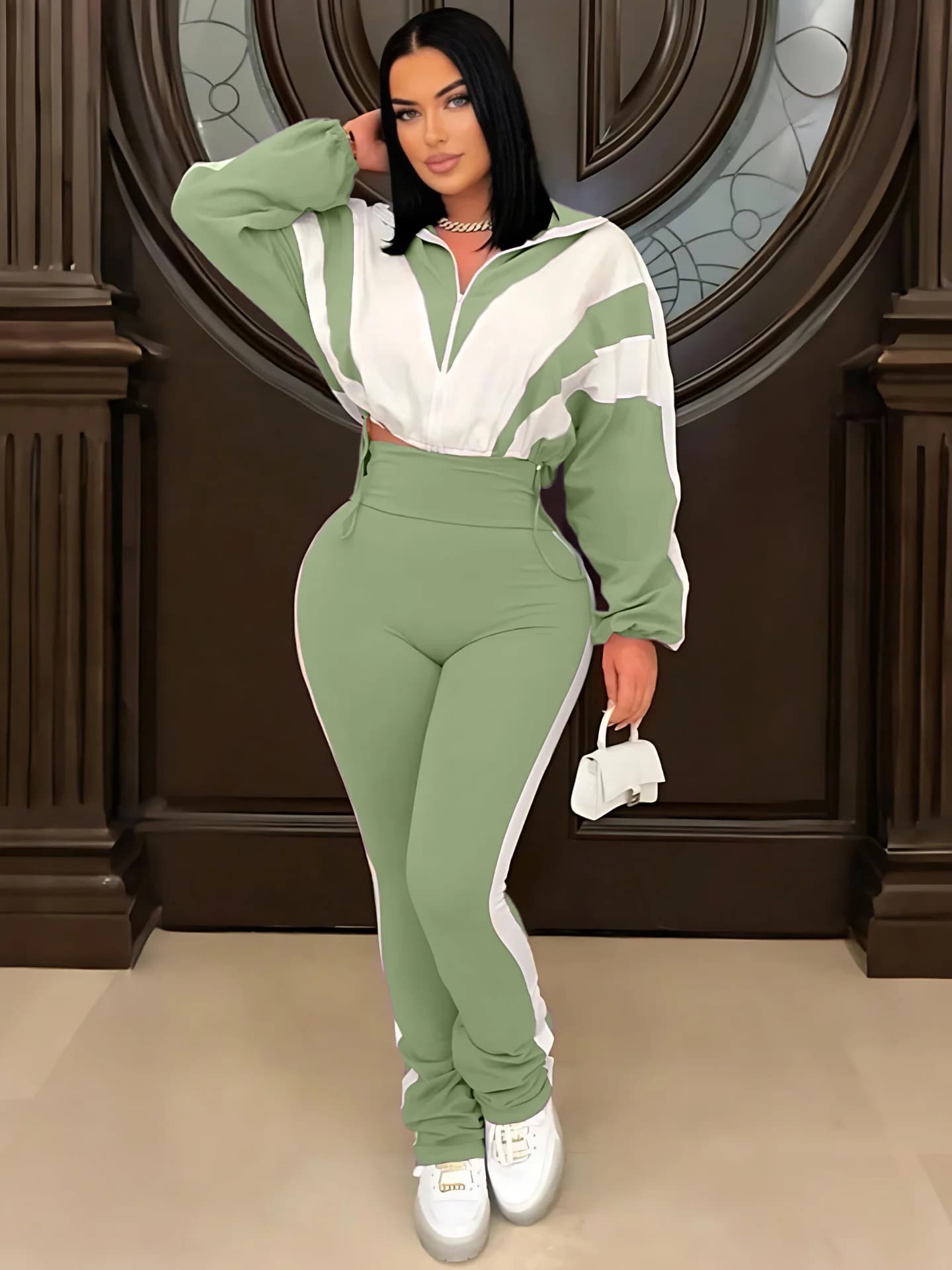 Color Block Casual Sportswear Set for Women High Waist Pants Open Cardigan Jacket Two Piece Suit Long Sleeve Zipper Closure