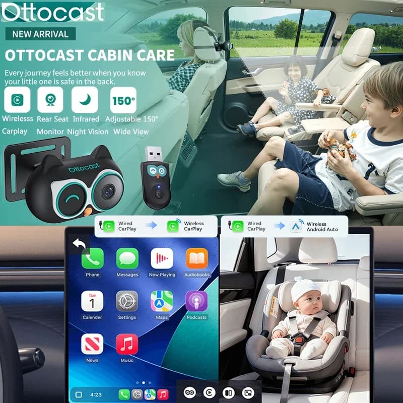 Ottocast Cabin Care Adattatore wireless Carplay Telecamera per auto per bambini per sedile posteriore 1080P 150 ° Monitor per sedile posteriore con visione notturna grandangolare