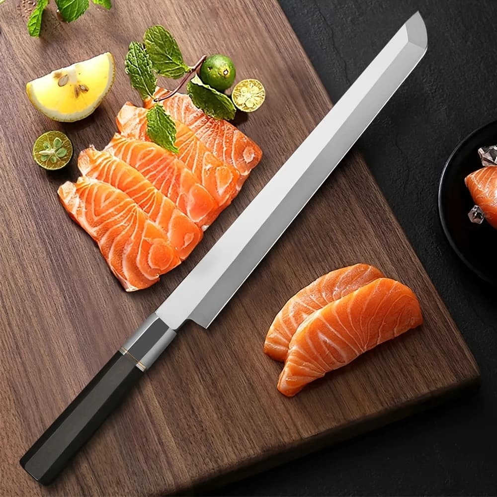 Coltello da cucina giapponese ad alto tenore di carbonio Coltello per sushi Sashimi Coltello per salmone Mannaia per carne Coltello da taglio Utensili da cucina Strumento di cottura