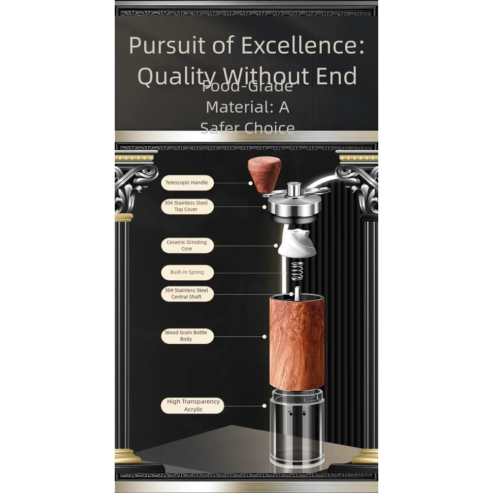 Hand Crank Coffee Grinder Portable 304 Stainless Steel,Wood Grain Adjustable Grind Settings Foldable With Wear-resistan Burr