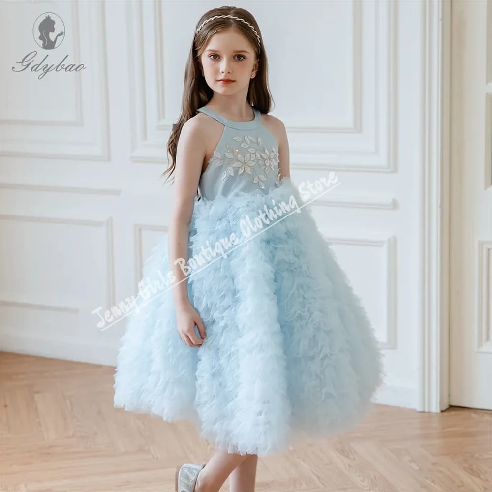 Azzurro Bambini Ragazze Vestito da festa Fiocco Puffy Tulle Ragazza di fiori Matrimonio Compleanno per bambini Abiti formali Vestido Costume